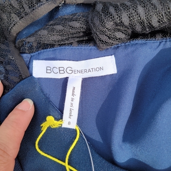 BCBGeneration Navy Fit/Flare Satin and Lace Dress Size 8 - Picture 11 of 13